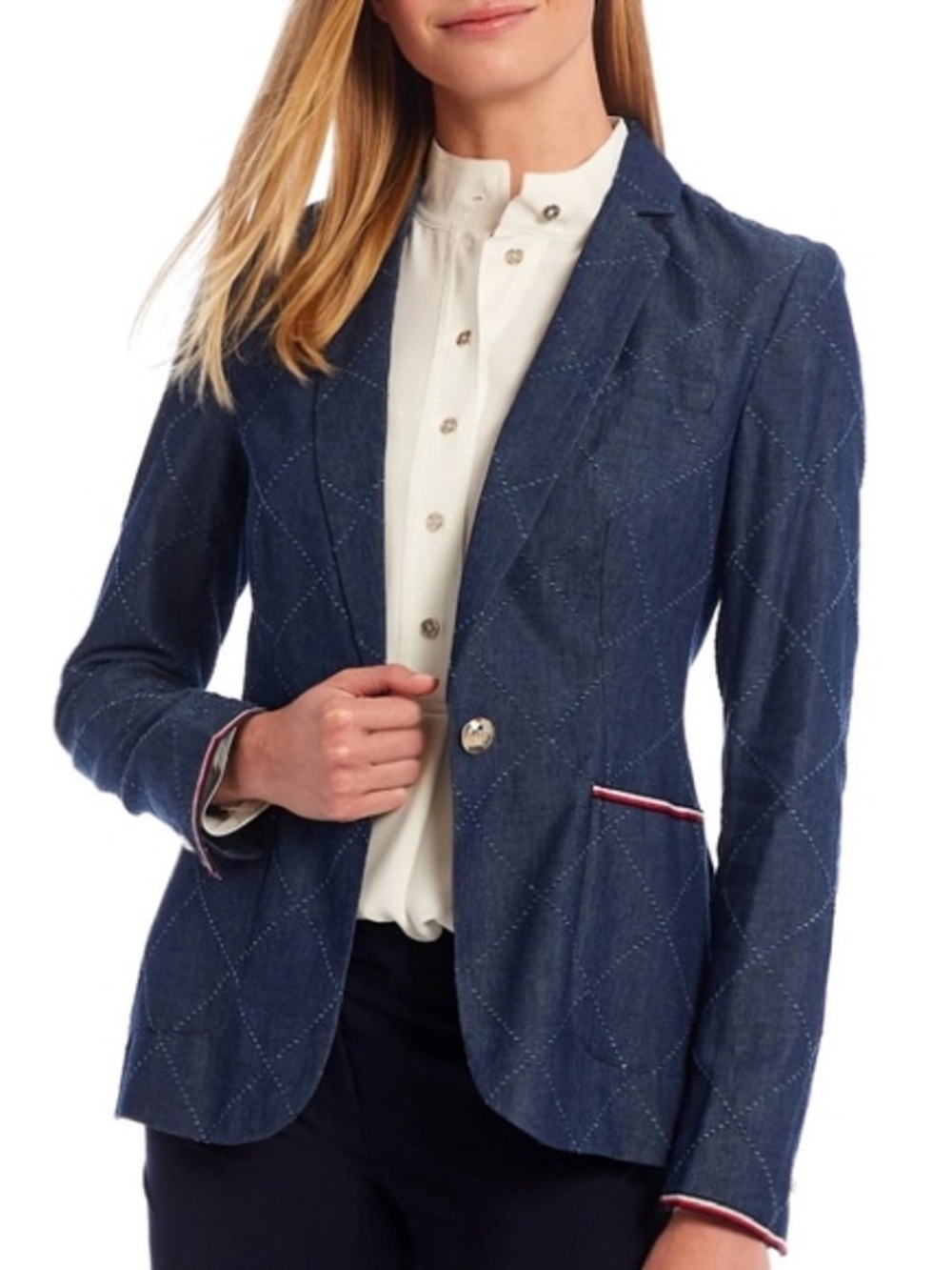 NWT Vintage Tommy Hilfiger Quilted Chambray Blazer Womens Gold Crest Buttons 16